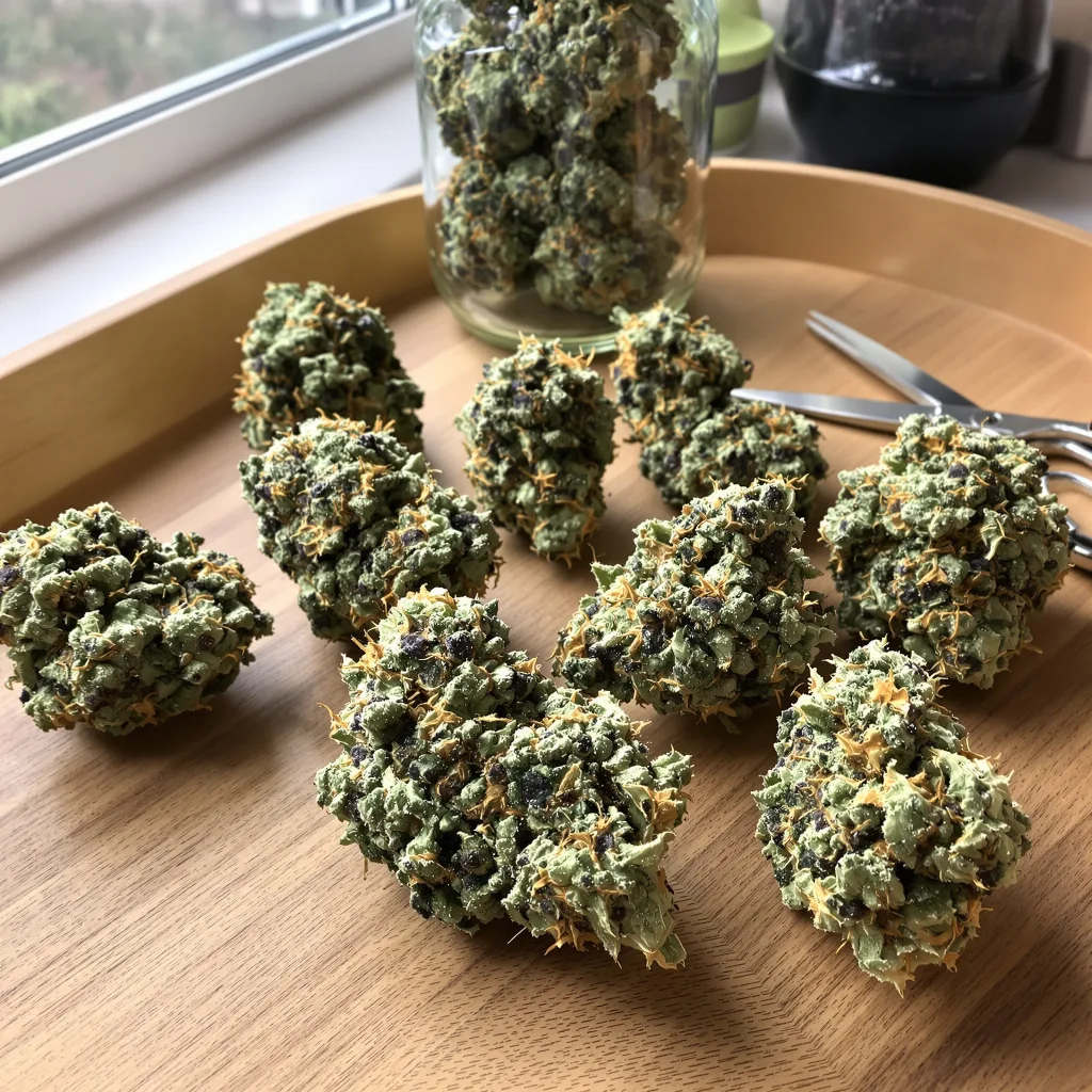 Mean Misty 35% Indica / 65% Sativa — Blüte mit sichtbaren Trichomen