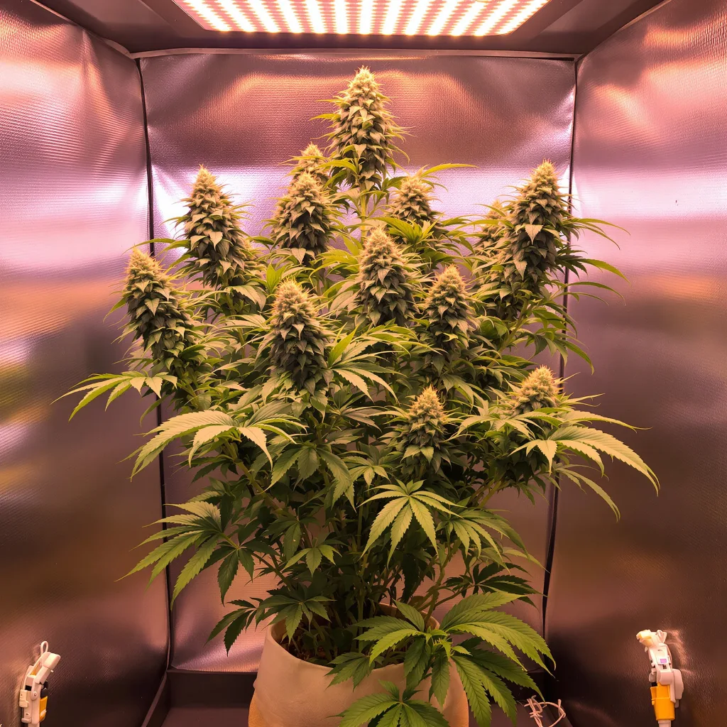 Mean Misty 35% Indica / 65% Sativa — Blüte mit sichtbaren Trichomen