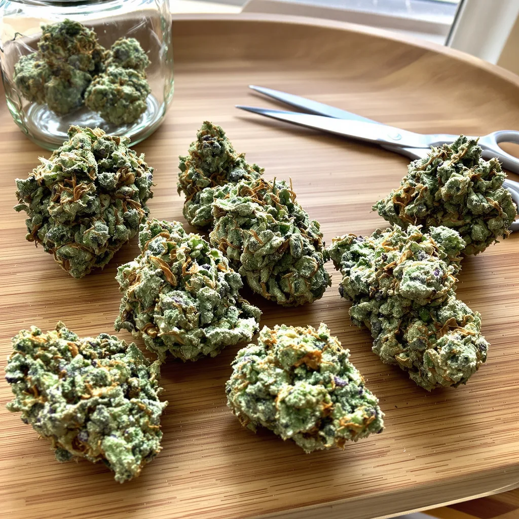 Merlot OG 35% Indica / 65% Sativa — Blüte mit sichtbaren Trichomen
