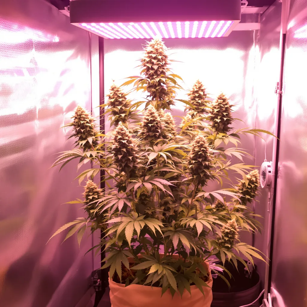 Merlot OG 35% Indica / 65% Sativa — Blüte mit sichtbaren Trichomen