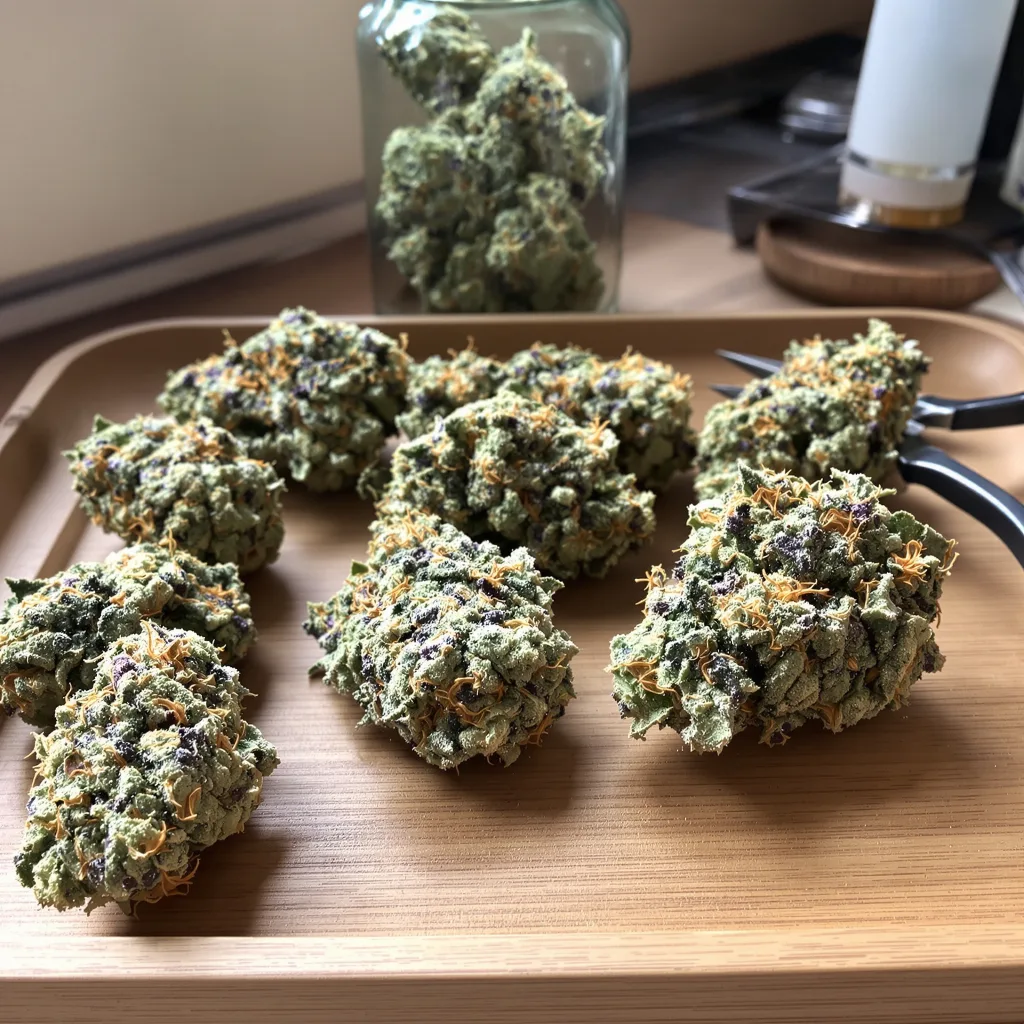 Millennium 48% Indica / 52% Sativa — Blüte mit sichtbaren Trichomen