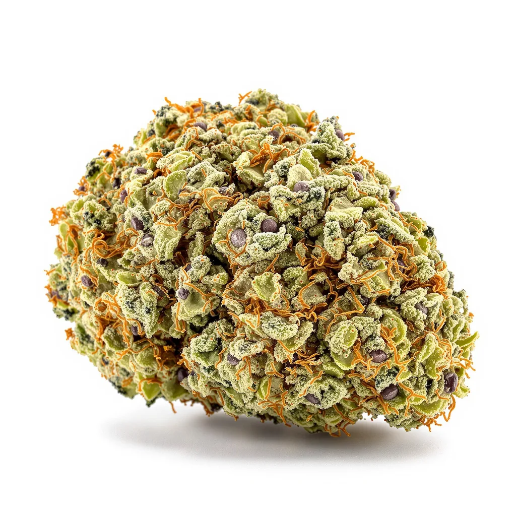 Millennium 48% Indica / 52% Sativa — Blüte mit sichtbaren Trichomen