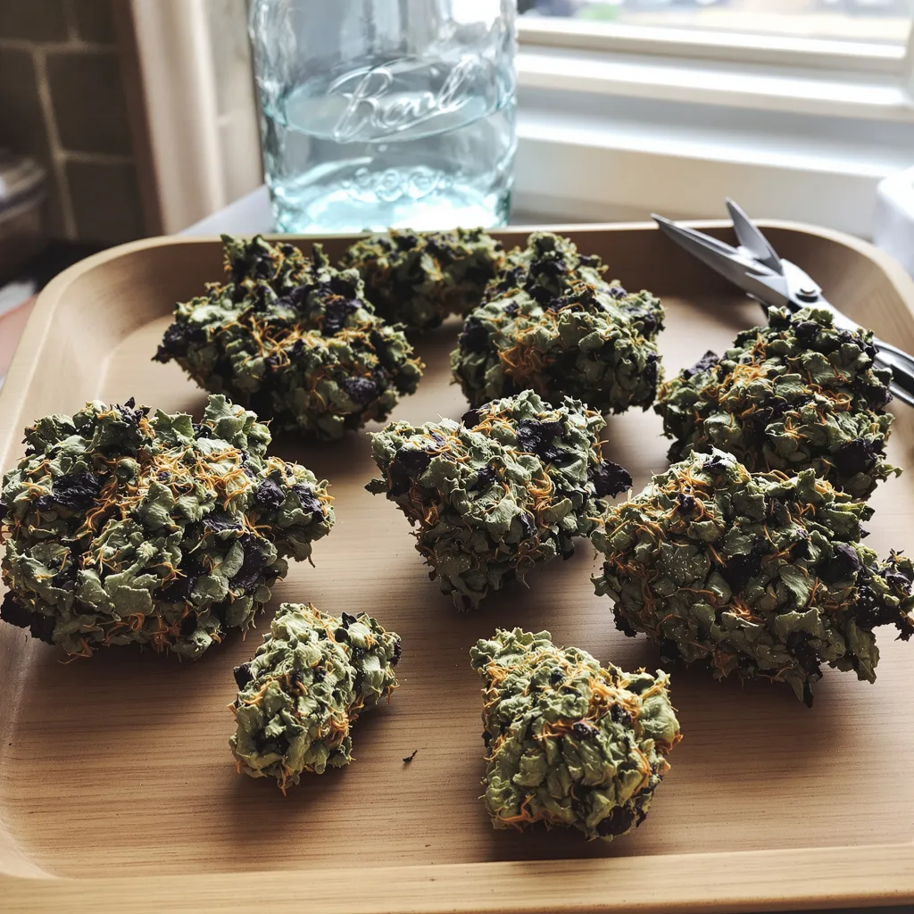 Mimosa 70% Indica / 50% Sativa — Blüte mit sichtbaren Trichomen