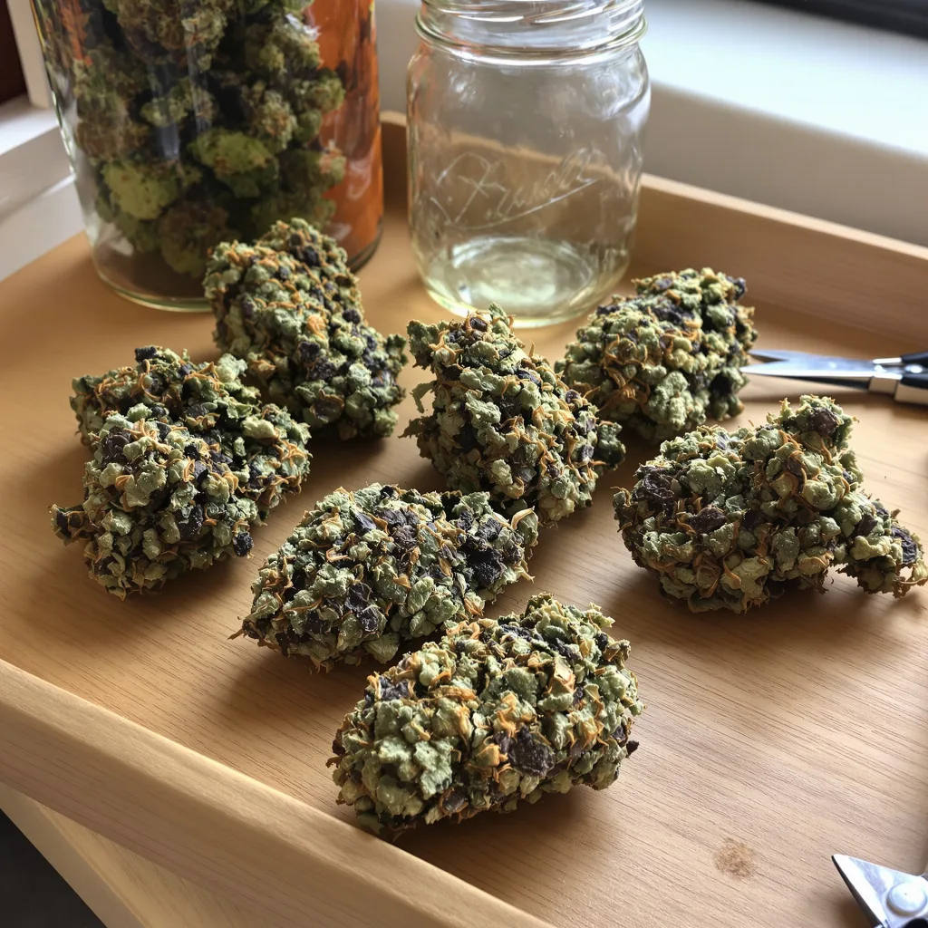 Money Maker 87% Indica / 13% Sativa — Blüte mit sichtbaren Trichomen