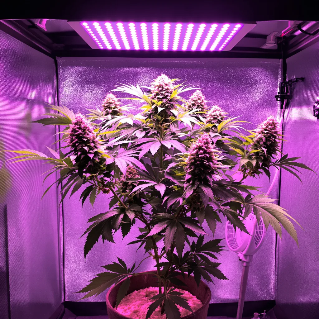 Money Maker 87% Indica / 13% Sativa — Blüte mit sichtbaren Trichomen