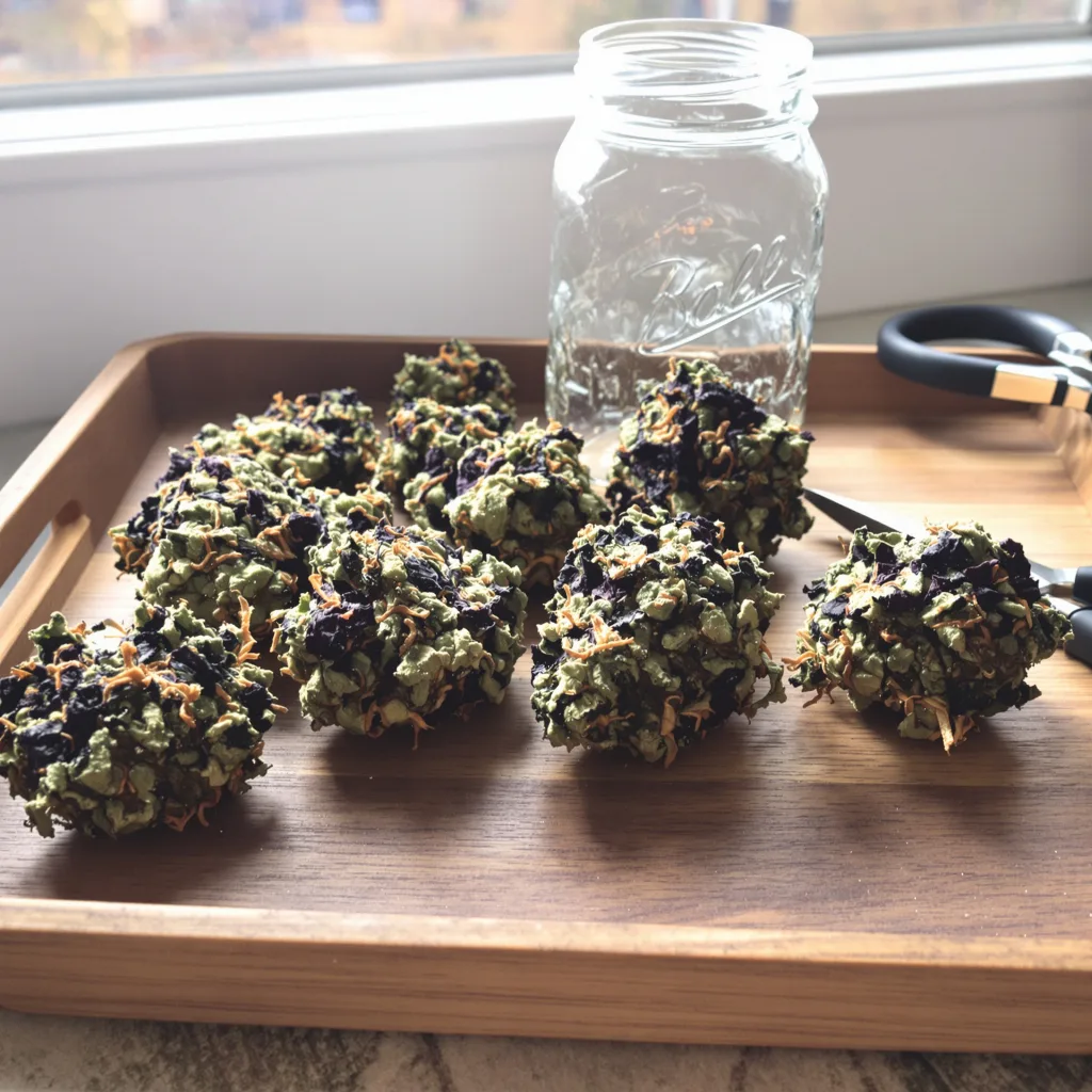 Motavation 72% Indica / 28% Sativa — Blüte mit sichtbaren Trichomen