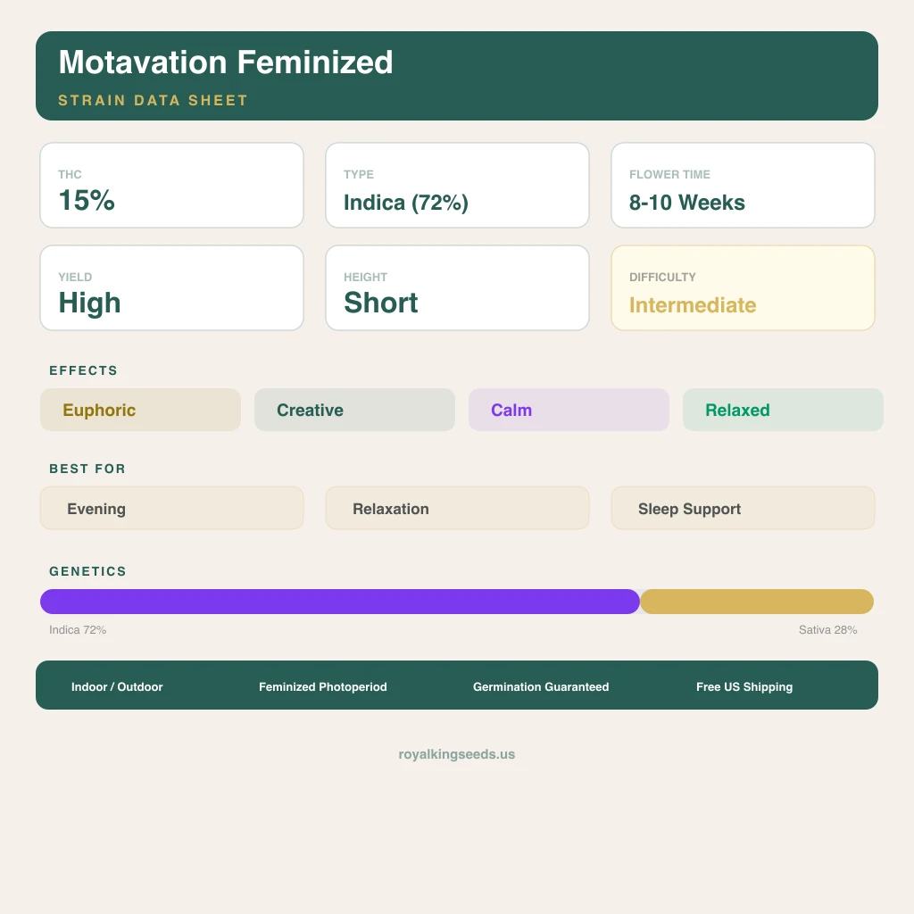 Motavation 72% Indica / 28% Sativa — Blüte mit sichtbaren Trichomen