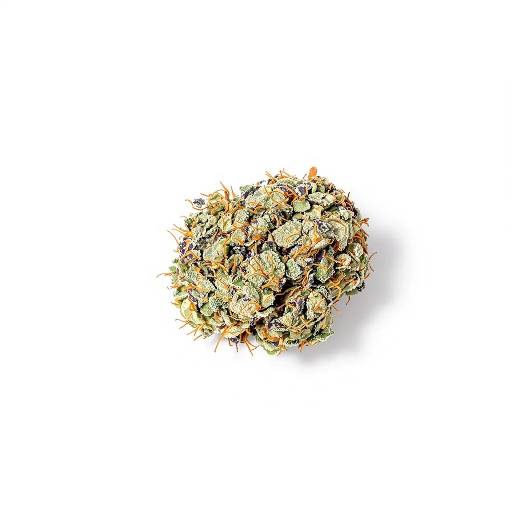 Mr. Tusk 60% Indica / 40% Sativa — Blüte mit sichtbaren Trichomen