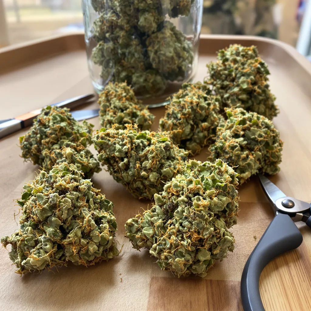 Neptune Kush 10% Indica / 90% Sativa — Blüte mit sichtbaren Trichomen