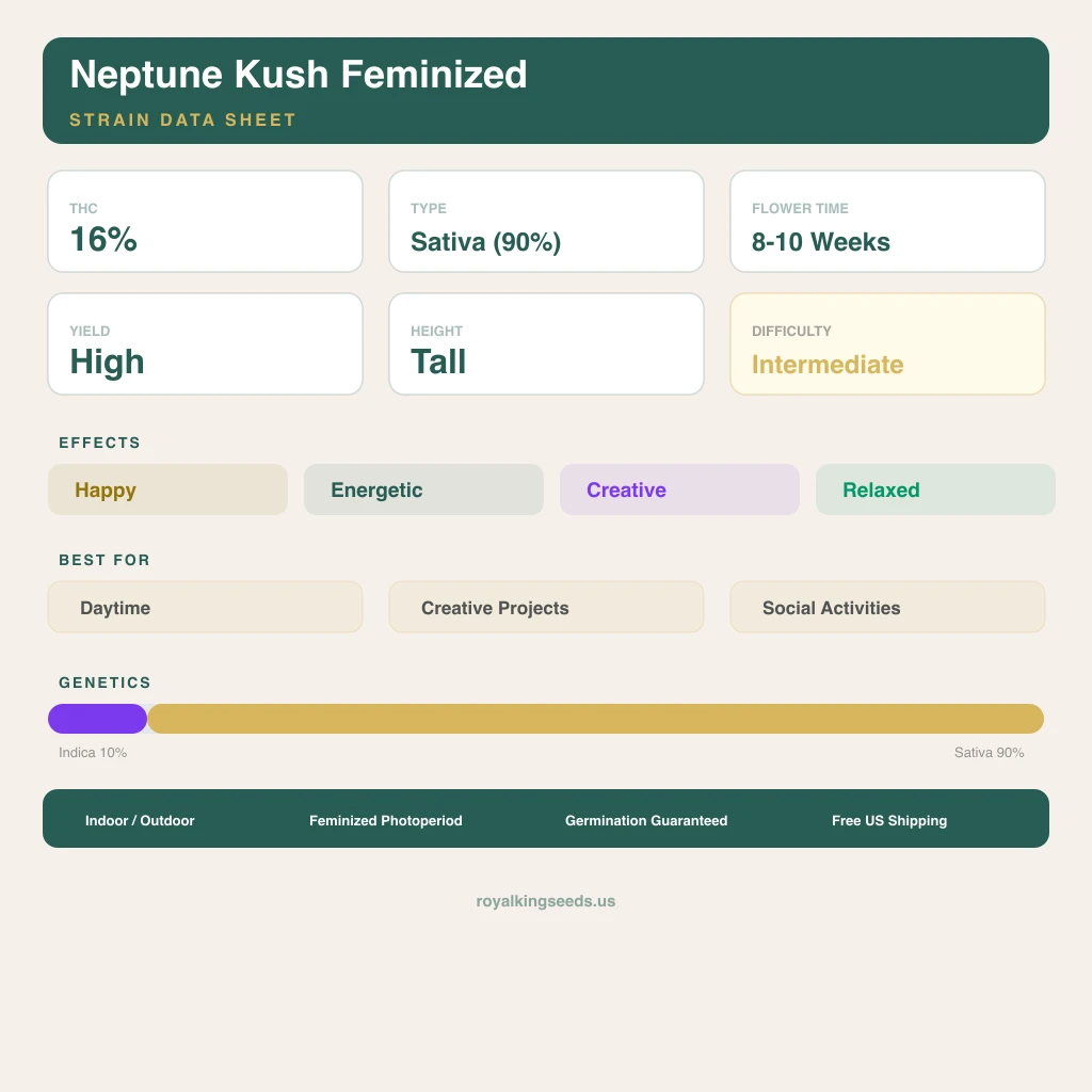 Neptune Kush 10% Indica / 90% Sativa — Blüte mit sichtbaren Trichomen
