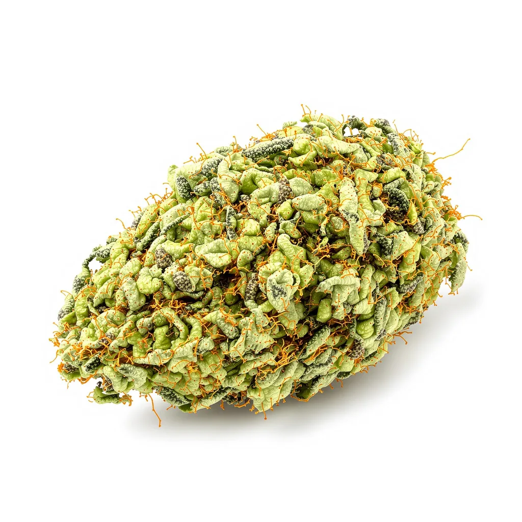 Neptune Kush 10% Indica / 90% Sativa — Blüte mit sichtbaren Trichomen