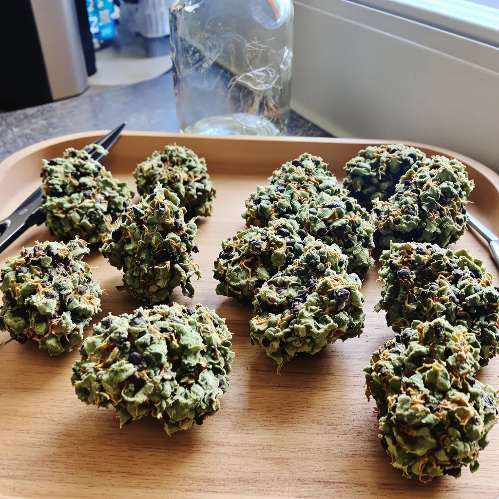 Neptune OG 76% Indica / 24% Sativa — Blüte mit sichtbaren Trichomen