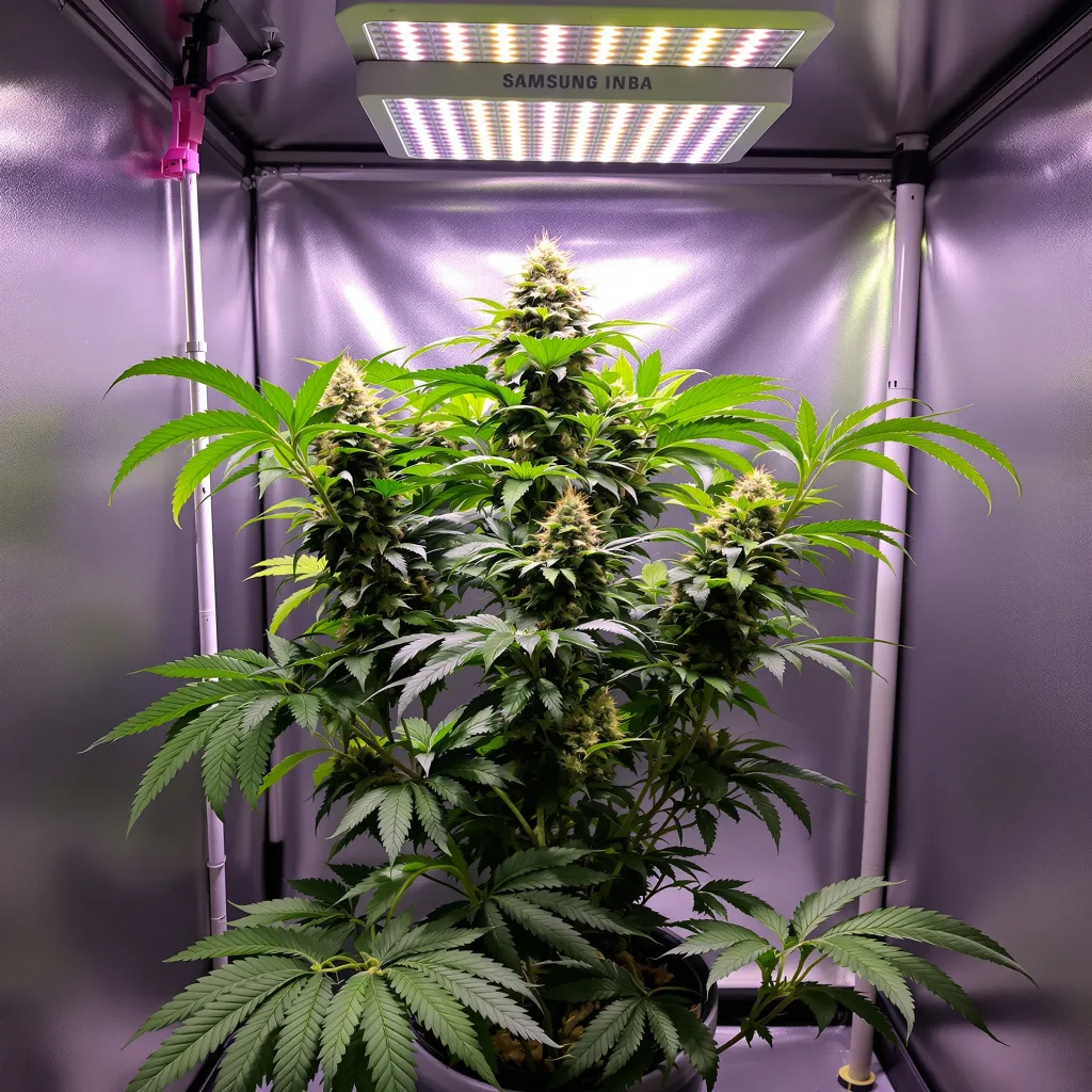 Neptune OG 76% Indica / 24% Sativa — Blüte mit sichtbaren Trichomen