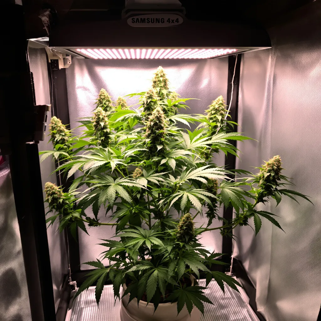 New Glue 80% Indica / 20% Sativa — Blüte mit sichtbaren Trichomen