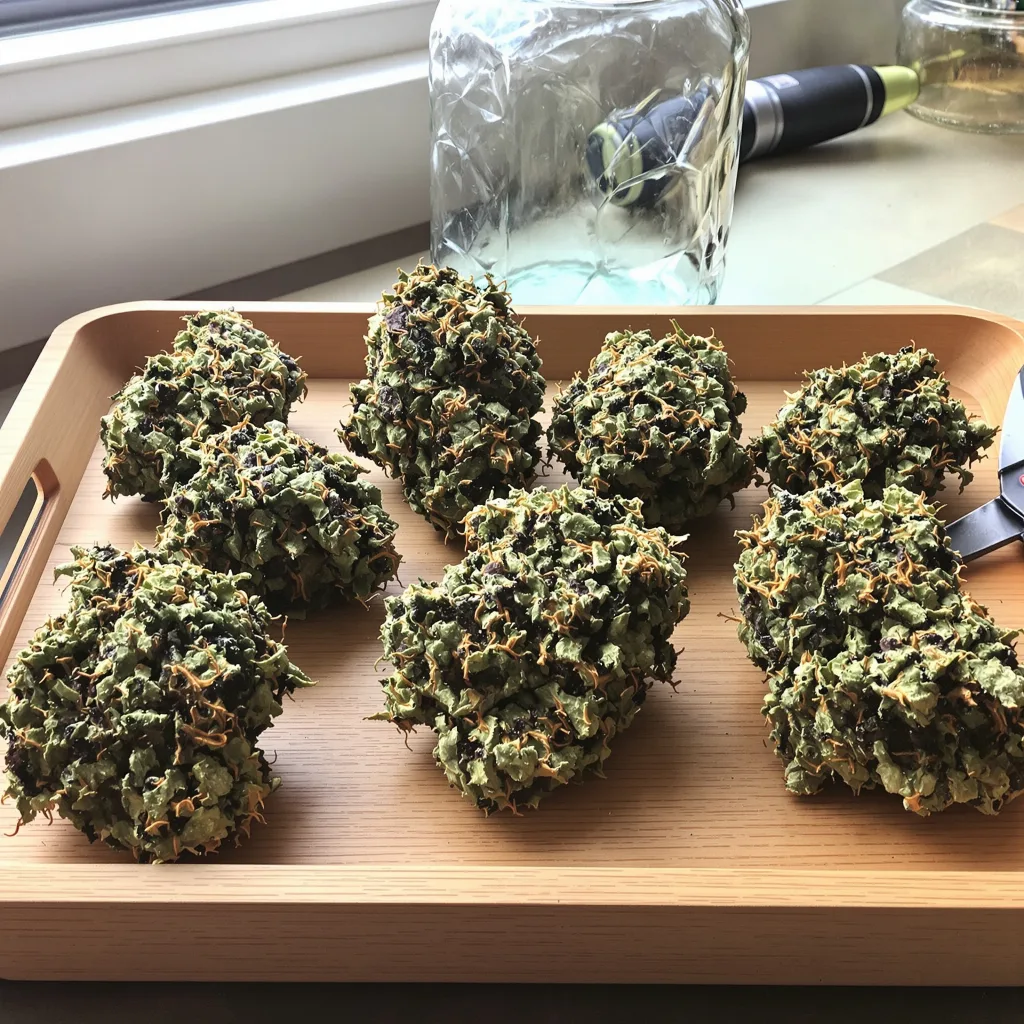 Night Terror OG 75% Indica / 25% Sativa — Blüte mit sichtbaren Trichomen