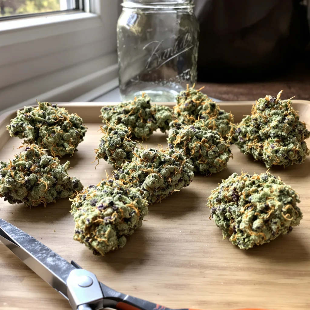 Night Train 54% Indica / 46% Sativa — Blüte mit sichtbaren Trichomen