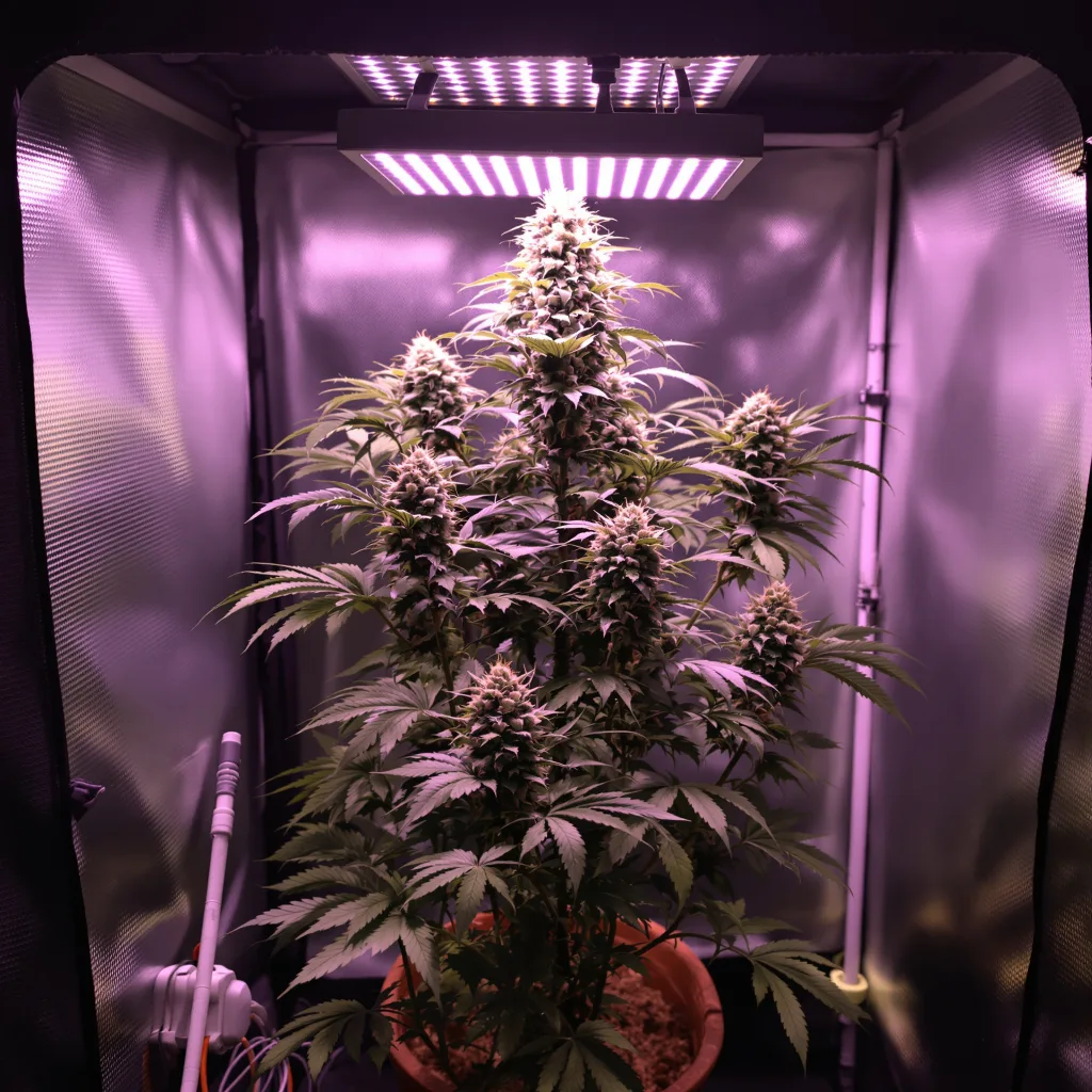 Night Train 54% Indica / 46% Sativa — Blüte mit sichtbaren Trichomen