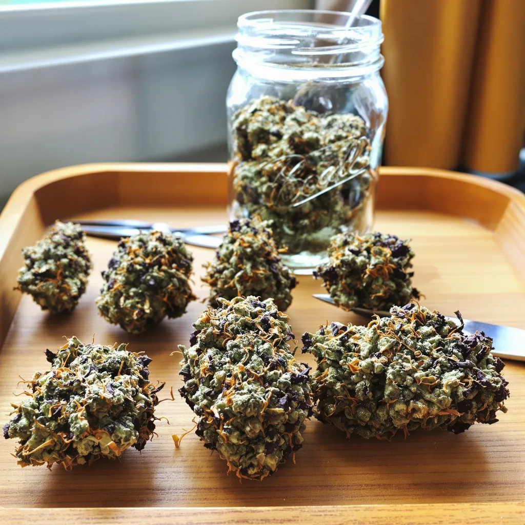 North American 78% Indica / 22% Sativa — Blüte mit sichtbaren Trichomen