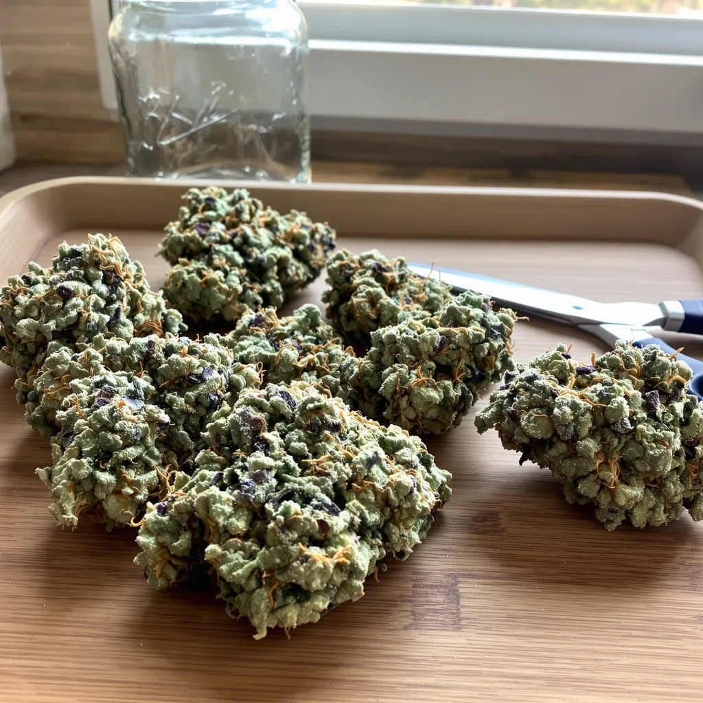 Nuclear Cookies 45% Indica / 55% Sativa — Blüte mit sichtbaren Trichomen
