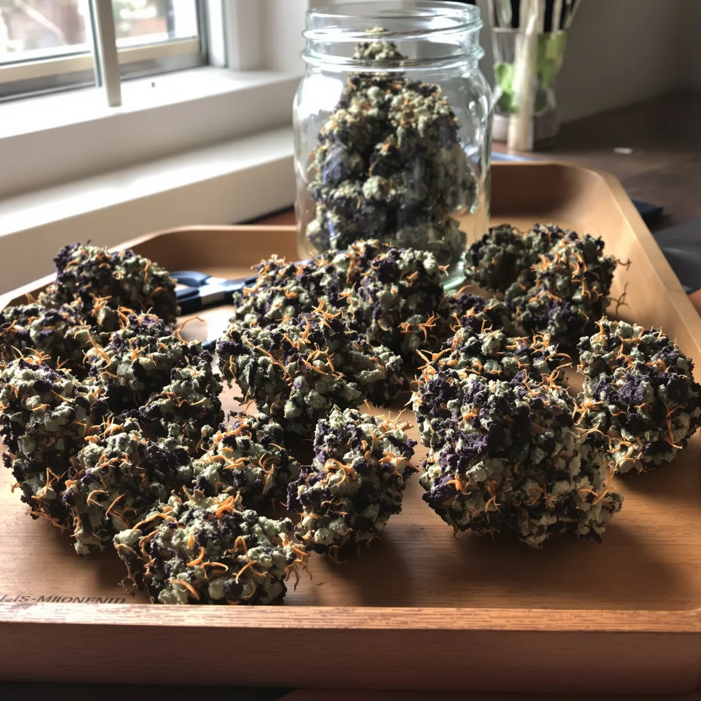 Nuken 70% Indica / 20% Sativa — Blüte mit sichtbaren Trichomen