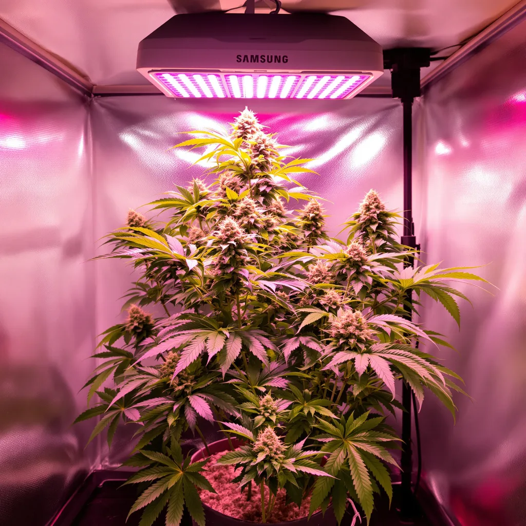 Nuken 70% Indica / 20% Sativa — Blüte mit sichtbaren Trichomen