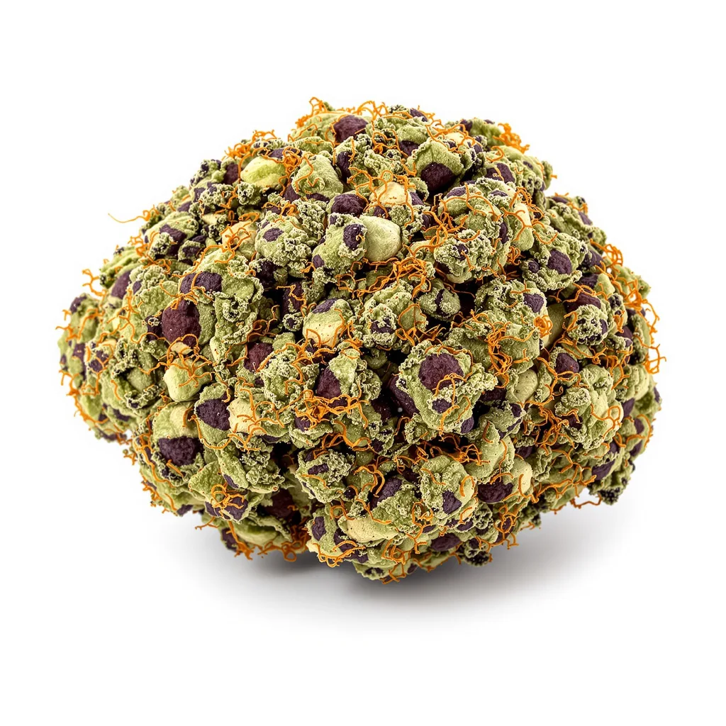 Nuken 70% Indica / 20% Sativa — Blüte mit sichtbaren Trichomen