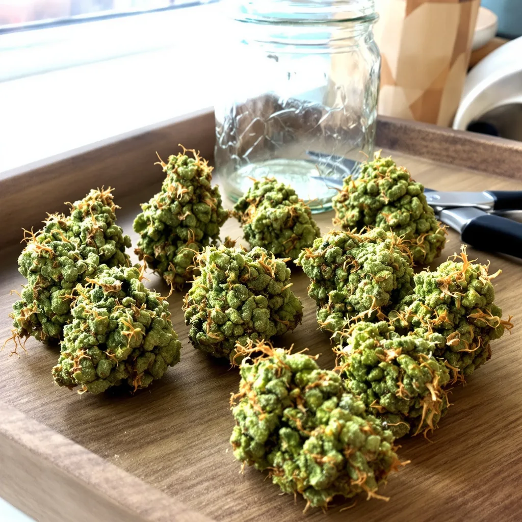 NYC Sour Diesel 11% Indica / 89% Sativa — Blüte mit sichtbaren Trichomen