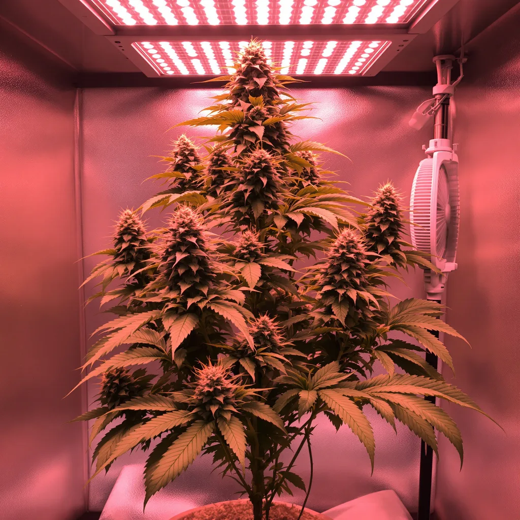 Obama Kush 74% Indica / 26% Sativa — Blüte mit sichtbaren Trichomen