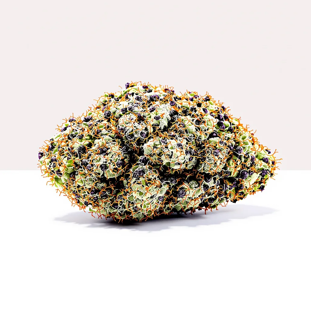 Obama Kush 74% Indica / 26% Sativa — Blüte mit sichtbaren Trichomen
