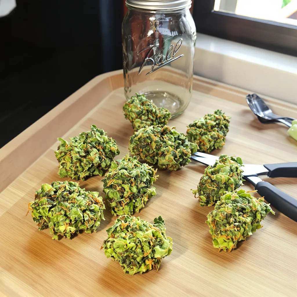 OG Chem 30% Indica / 70% Sativa — Blüte mit sichtbaren Trichomen