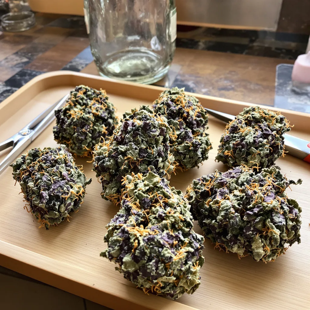 Ogre Berry 65% Indica / 35% Sativa — Blüte mit sichtbaren Trichomen