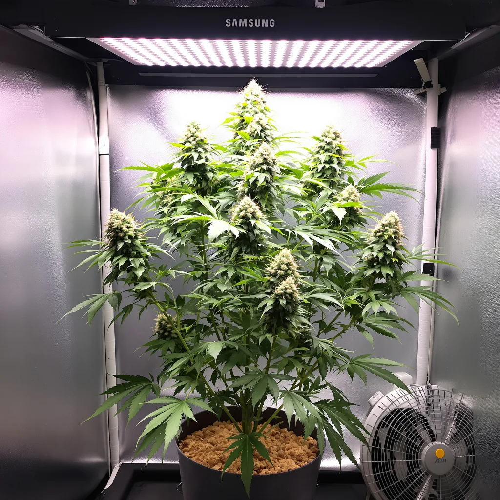Ogre 61% Indica / 39% Sativa — Blüte mit sichtbaren Trichomen