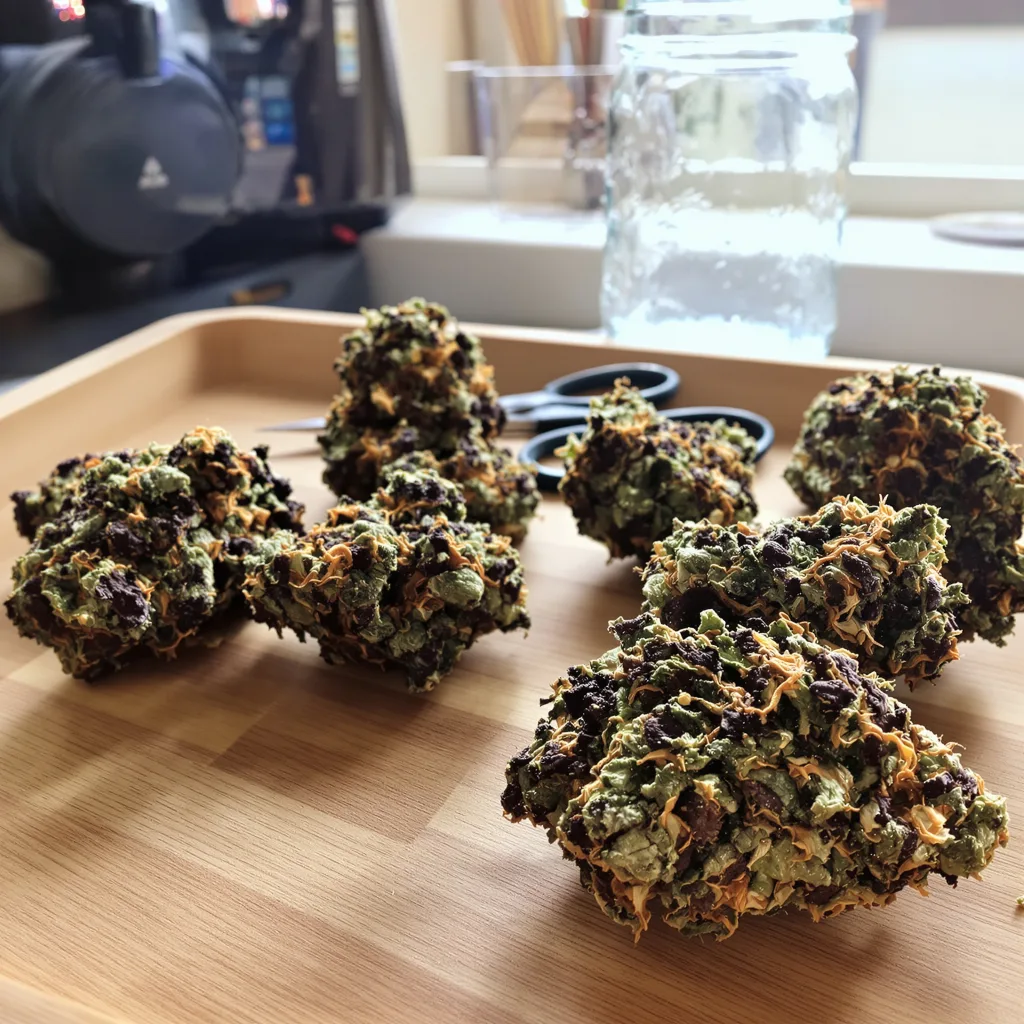 Orange Kush Cake 72% Indica / 28% Sativa — Blüte mit sichtbaren Trichomen