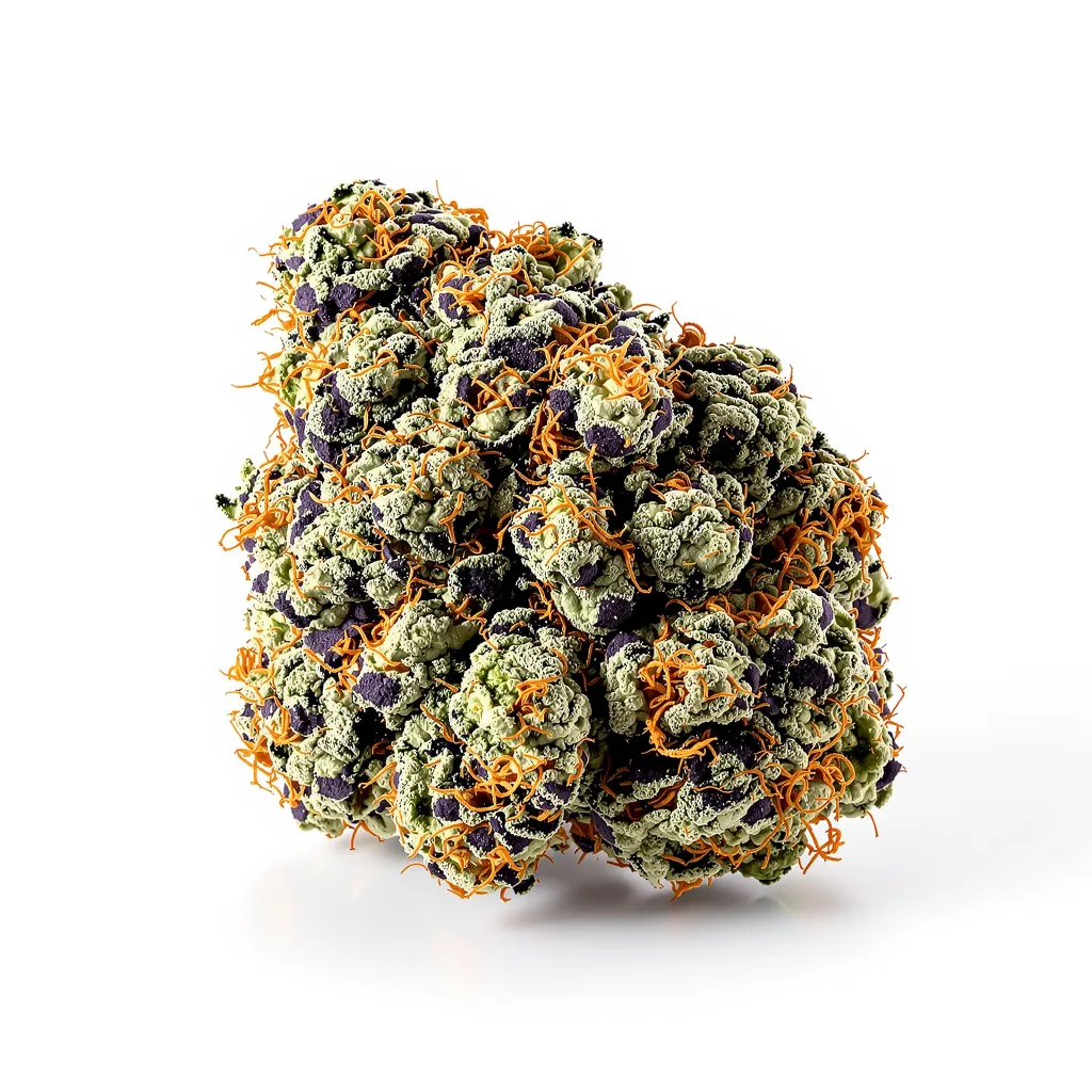 Orange Kush Cake 72% Indica / 28% Sativa — Blüte mit sichtbaren Trichomen
