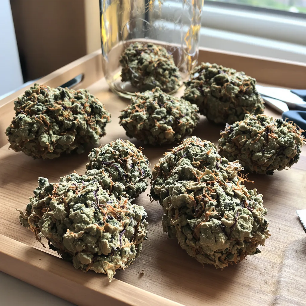 Orange Kush 50% Indica / 50% Sativa — Blüte mit sichtbaren Trichomen