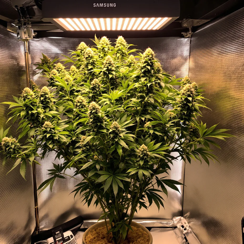 Orange Kush 50% Indica / 50% Sativa — Blüte mit sichtbaren Trichomen