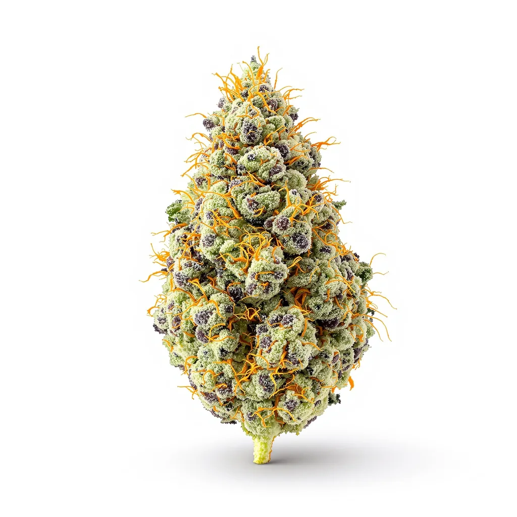 Orange Kush 50% Indica / 50% Sativa — Blüte mit sichtbaren Trichomen