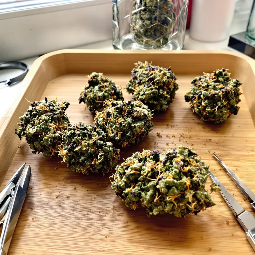 Oregon Peach 83% Indica / 17% Sativa — Blüte mit sichtbaren Trichomen