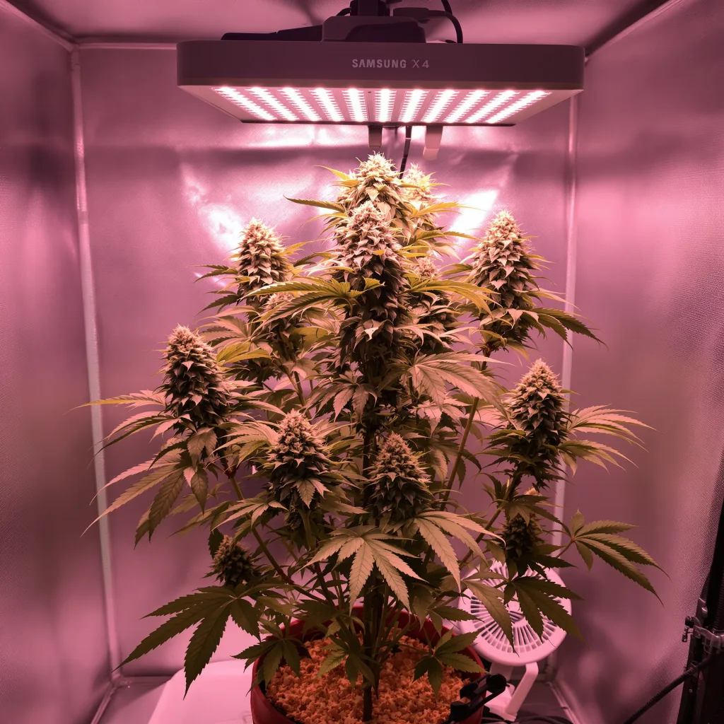 Oregon Peach 83% Indica / 17% Sativa — Blüte mit sichtbaren Trichomen