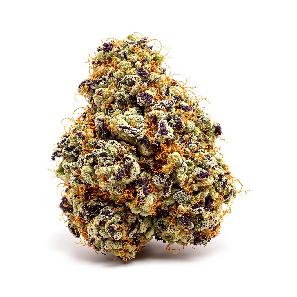 Oregon Peach 83% Indica / 17% Sativa — Blüte mit sichtbaren Trichomen