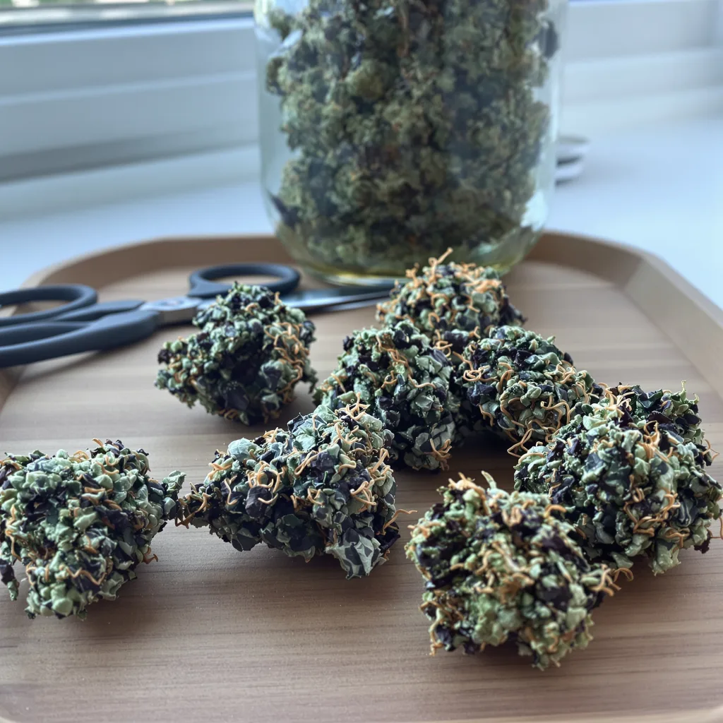 Pacific Blue 78% Indica / 22% Sativa — Blüte mit sichtbaren Trichomen
