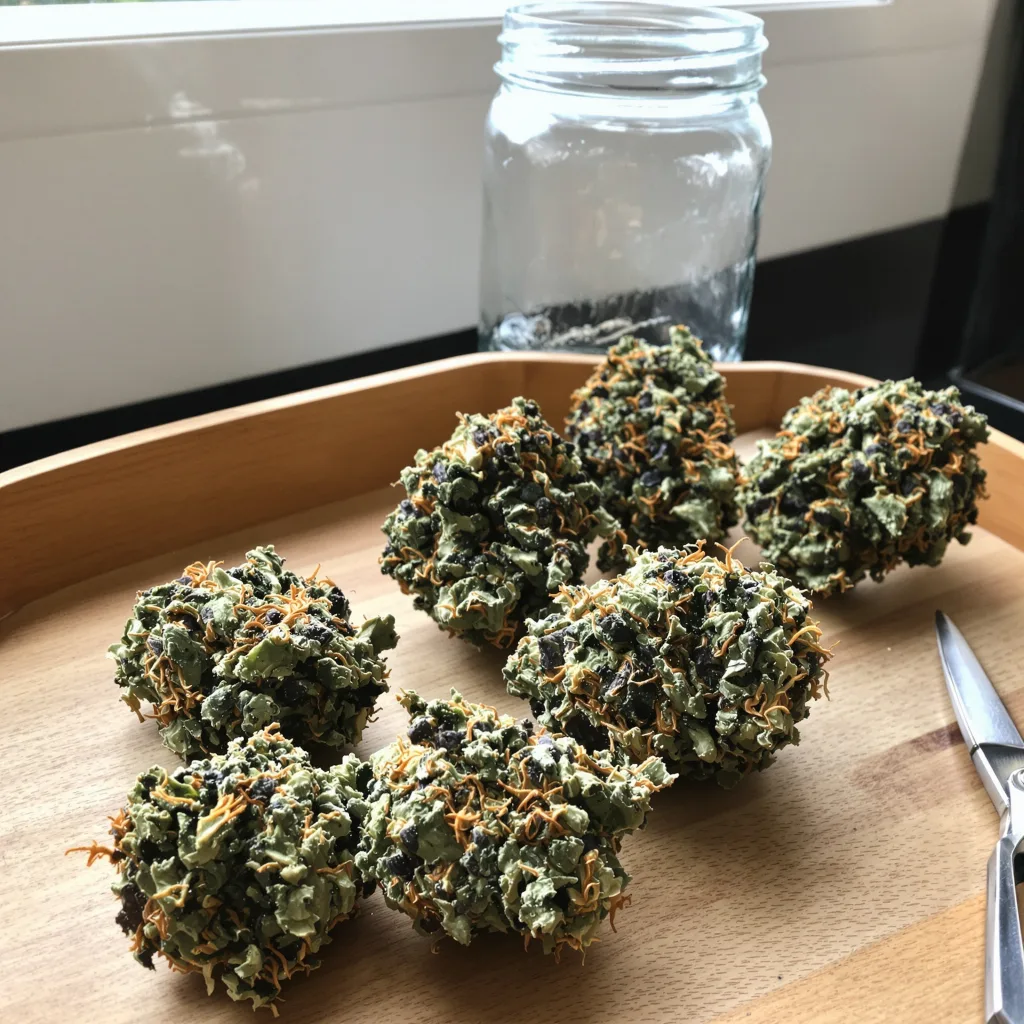 Peanut Butter Breath 70% Indica / 30% Sativa — Blüte mit sichtbaren Trichomen