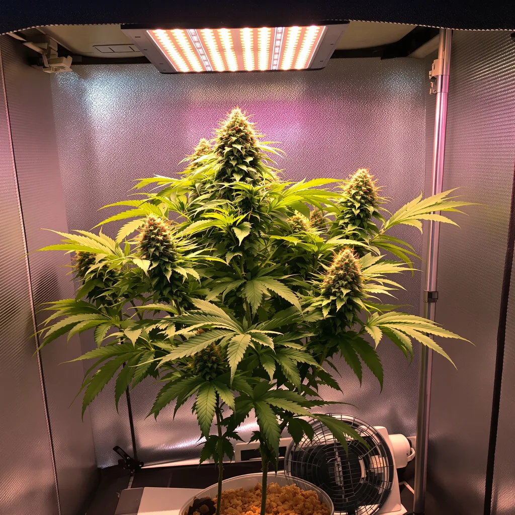 Peanut Butter Breath 70% Indica / 30% Sativa — Blüte mit sichtbaren Trichomen
