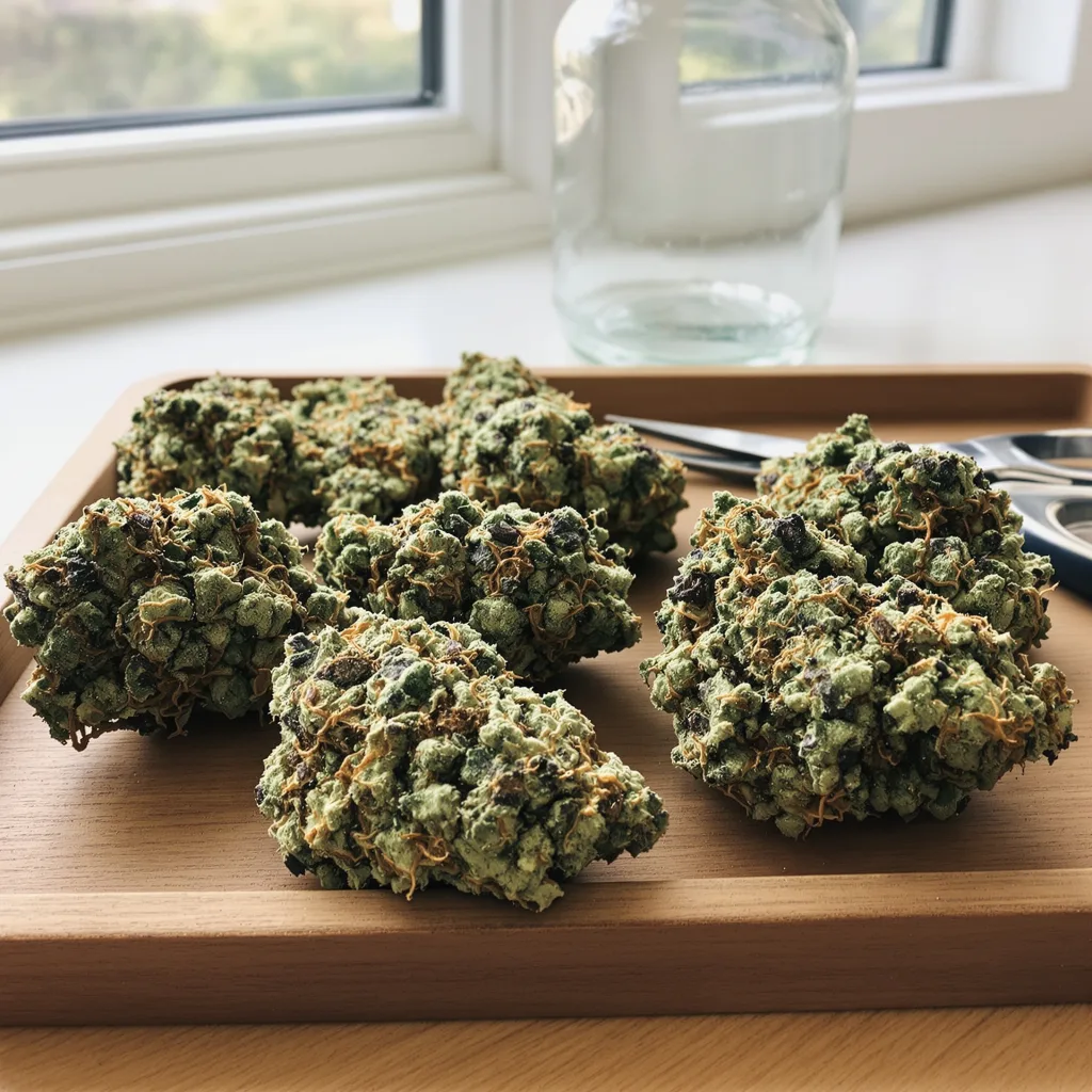 Peanut Butter Breath 50% Indica / 50% Sativa — Blüte mit sichtbaren Trichomen