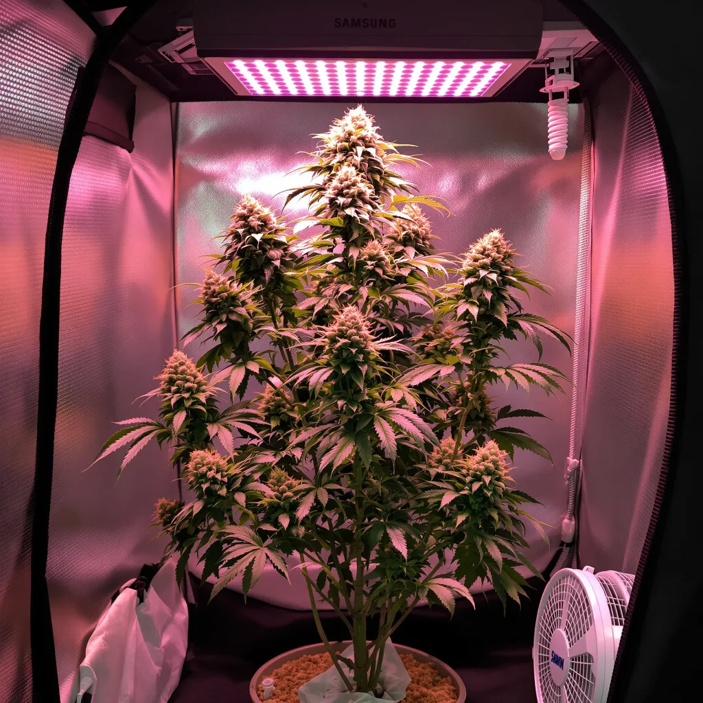 Peanut Butter Breath 50% Indica / 50% Sativa — Blüte mit sichtbaren Trichomen