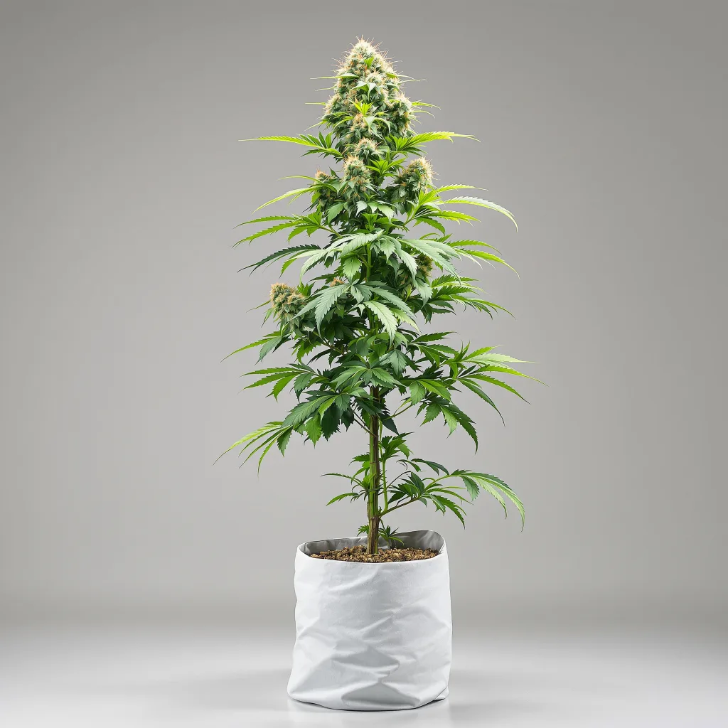 Phantom OG Cannabisblüte Nahaufnahme mit ausgewogene Blütenstruktur mit eisigen Trichomen