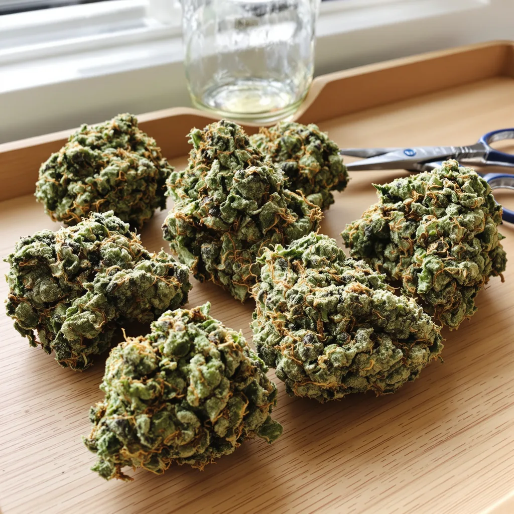 Phantom OG 50% Indica / 50% Sativa — Blüte mit sichtbaren Trichomen