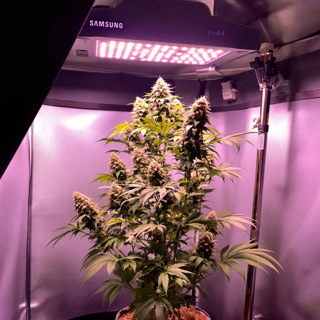 Phantom OG 50% Indica / 50% Sativa — Blüte mit sichtbaren Trichomen