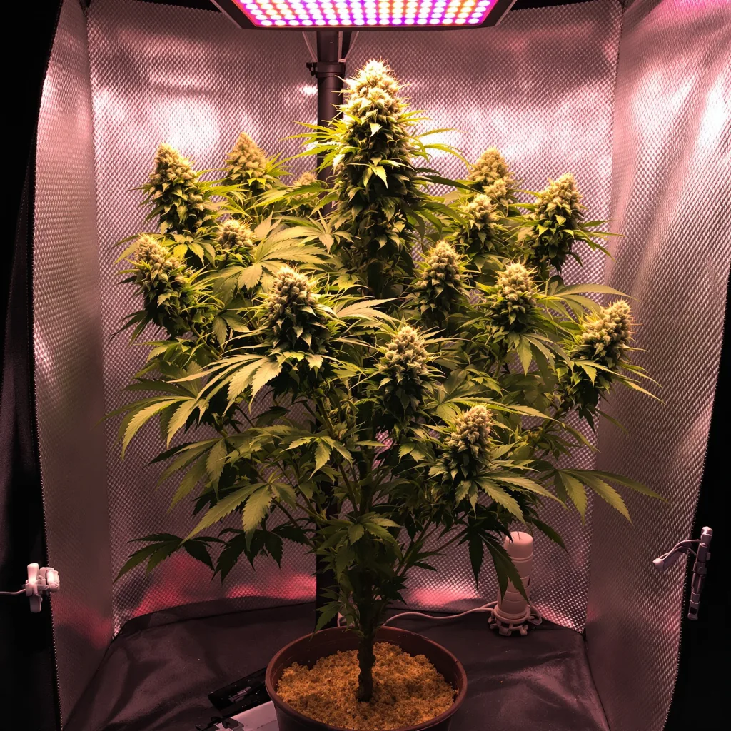 Pineapple Diesel 50% Indica / 50% Sativa — Blüte mit sichtbaren Trichomen
