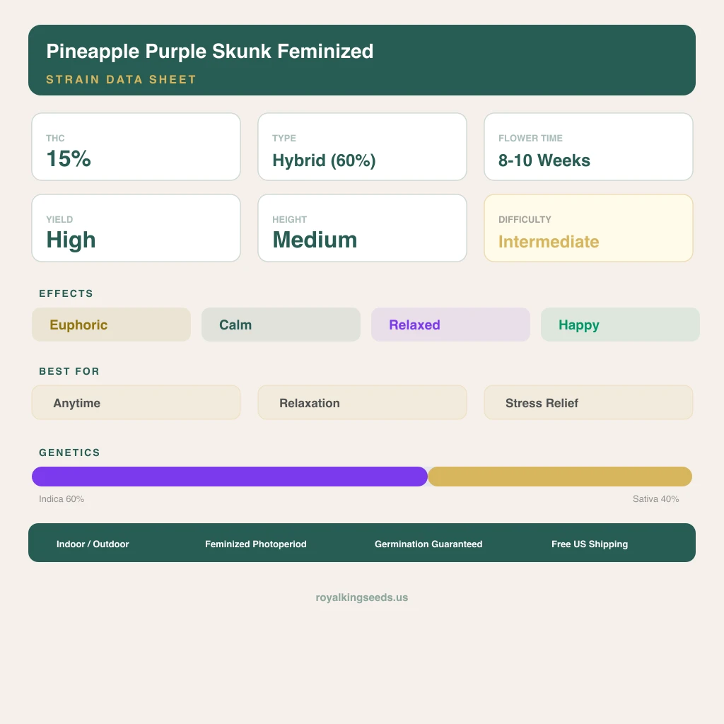 Pineapple Purple Skunk 60% Indica / 40% Sativa — Blüte mit sichtbaren Trichomen